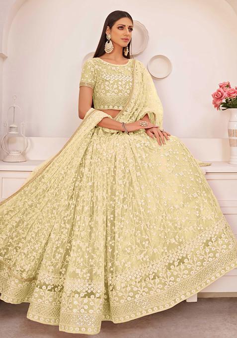 Light Lemon Thread Embroidered Net Lehenga