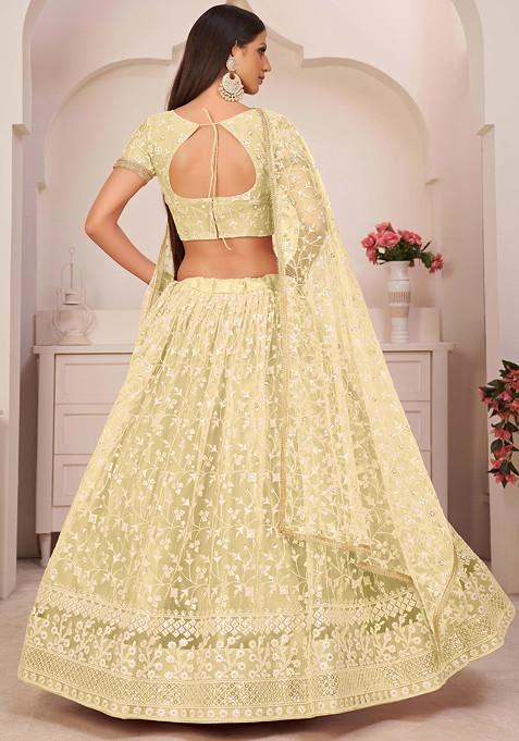 Light Lemon Thread Embroidered Net Lehenga