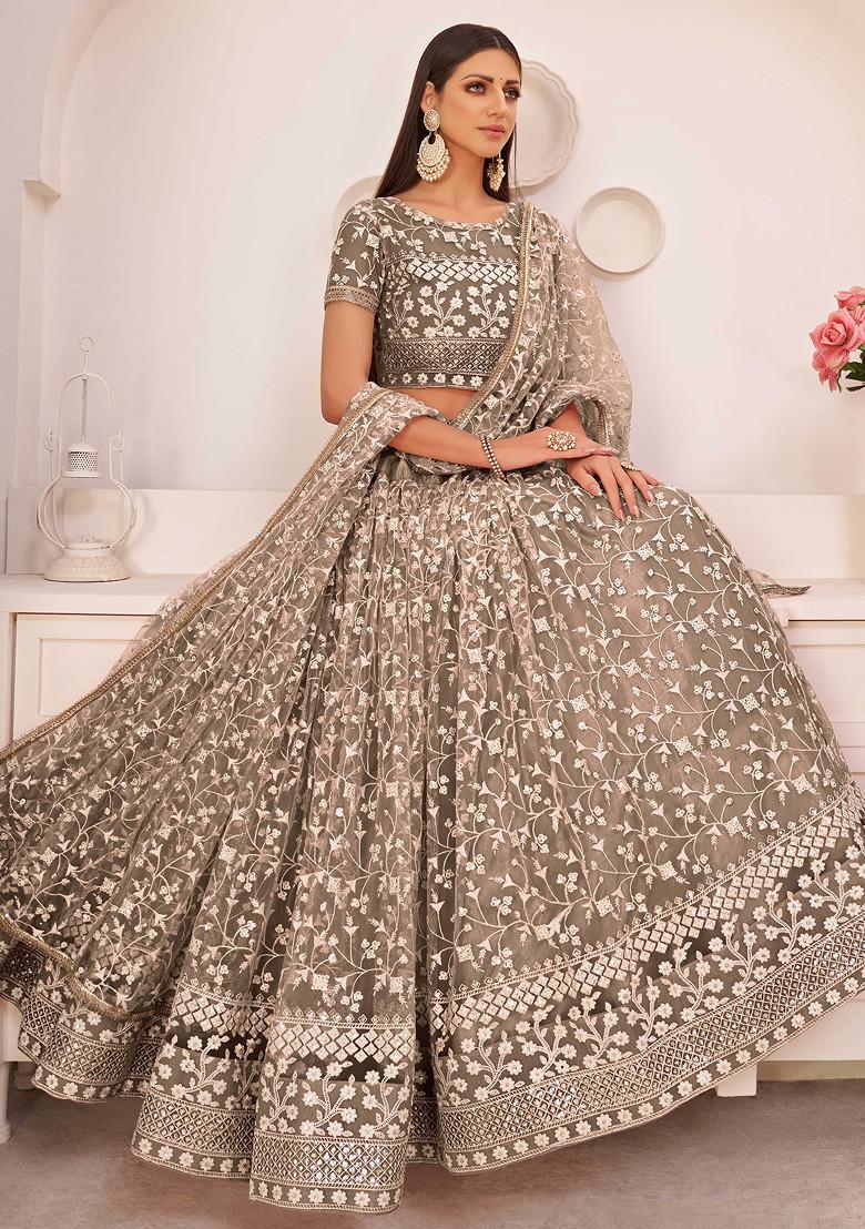 Brown Thread Embroidered Net Lehenga