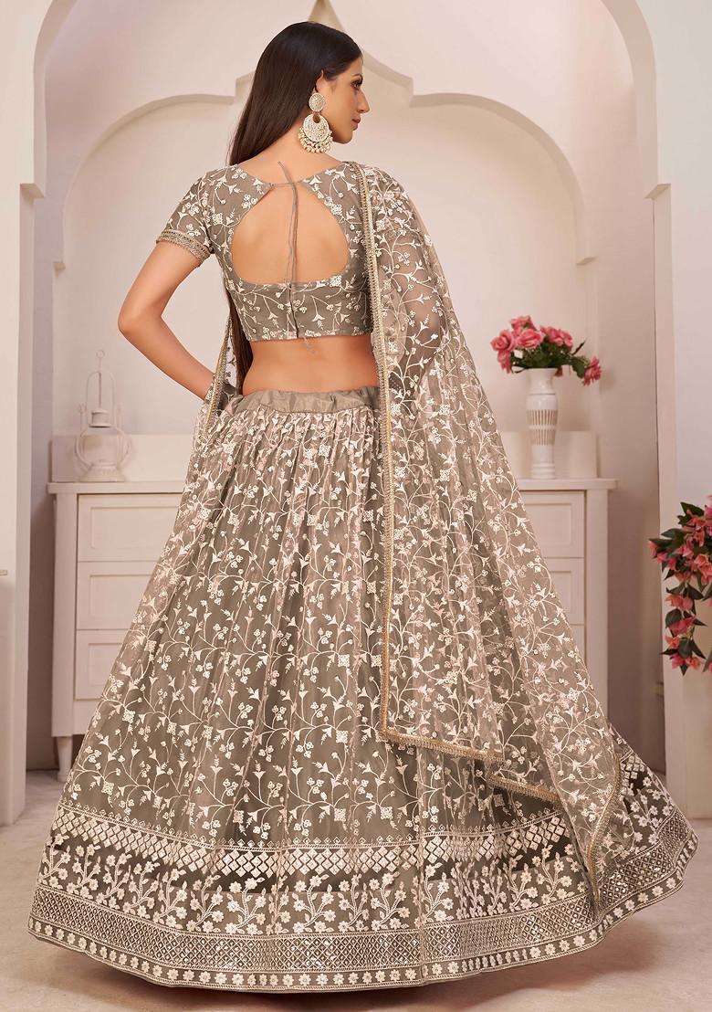 Brown Thread Embroidered Net Lehenga