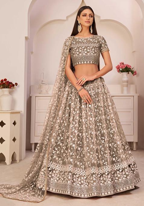 Brown Thread Embroidered Net Lehenga