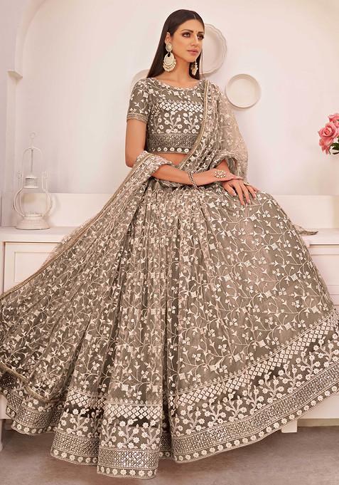 Brown Thread Embroidered Net Lehenga