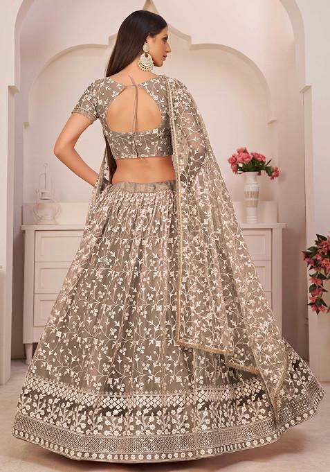 Brown Thread Embroidered Net Lehenga