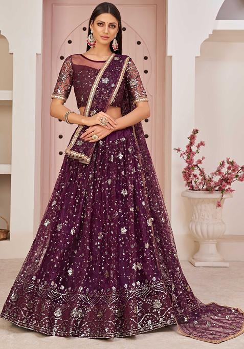 Violet Sequin Thread Embroidered Net Lehenga