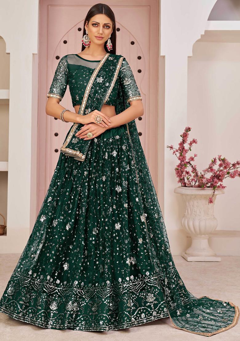Dark Green Thread Embroidered Net Lehenga