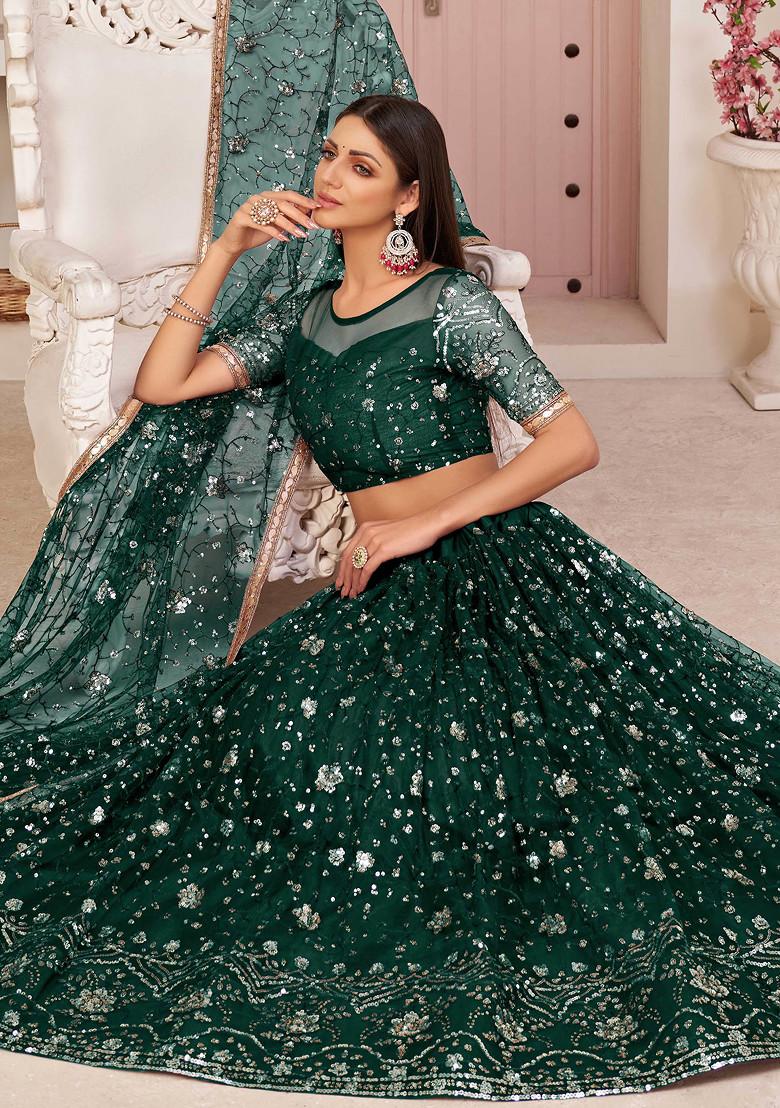 Dark Green Thread Embroidered Net Lehenga