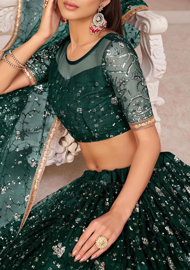 Dark Green Thread Embroidered Net Lehenga