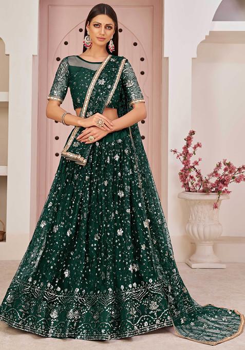 Dark Green Thread Embroidered Net Lehenga