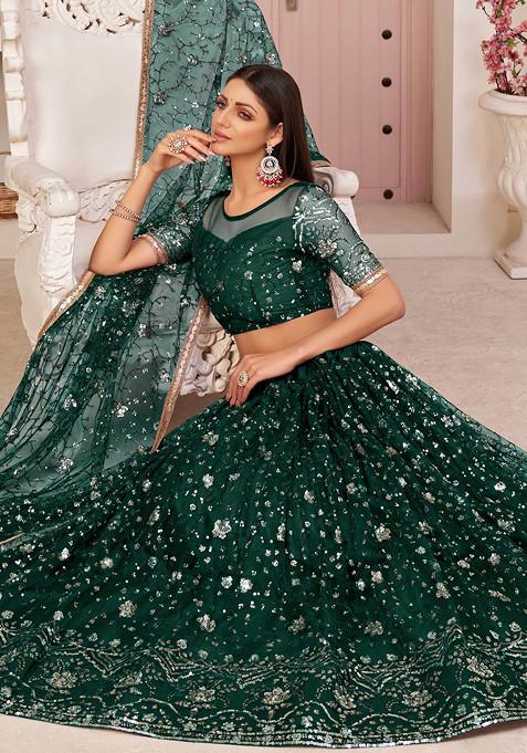 Dark Green Thread Embroidered Net Lehenga