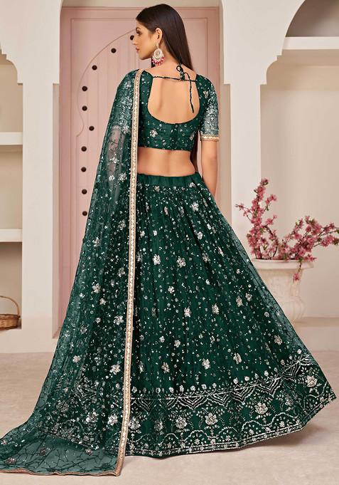 Dark Green Thread Embroidered Net Lehenga
