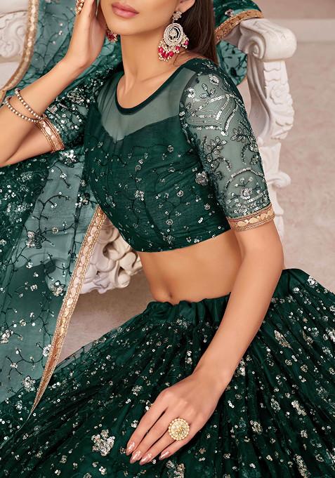 Dark Green Thread Embroidered Net Lehenga