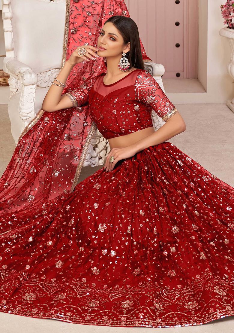 Red Sequin Embroidered Net Lehenga