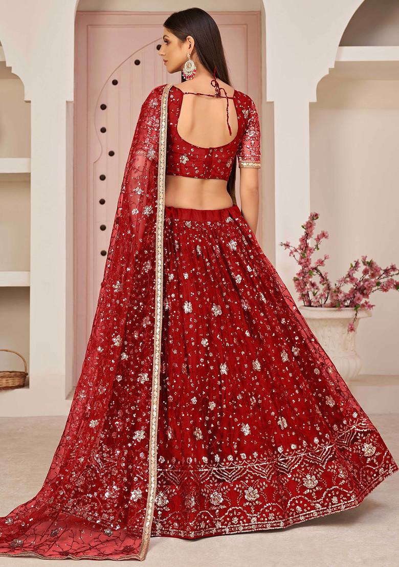 Red Sequin Embroidered Net Lehenga