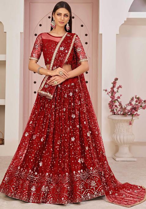 Red Sequin Embroidered Net Lehenga