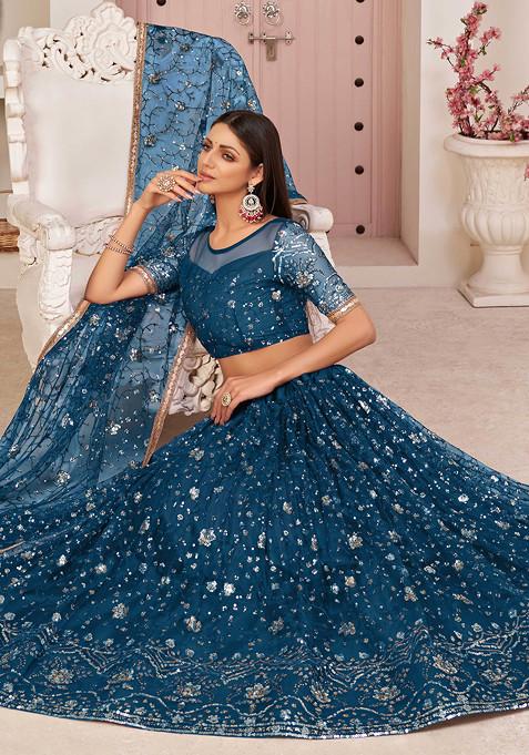 Sea Green Sequin Embroidered Net Lehenga