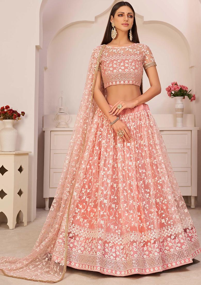 Light Pink Thread Embroidered Net Lehenga