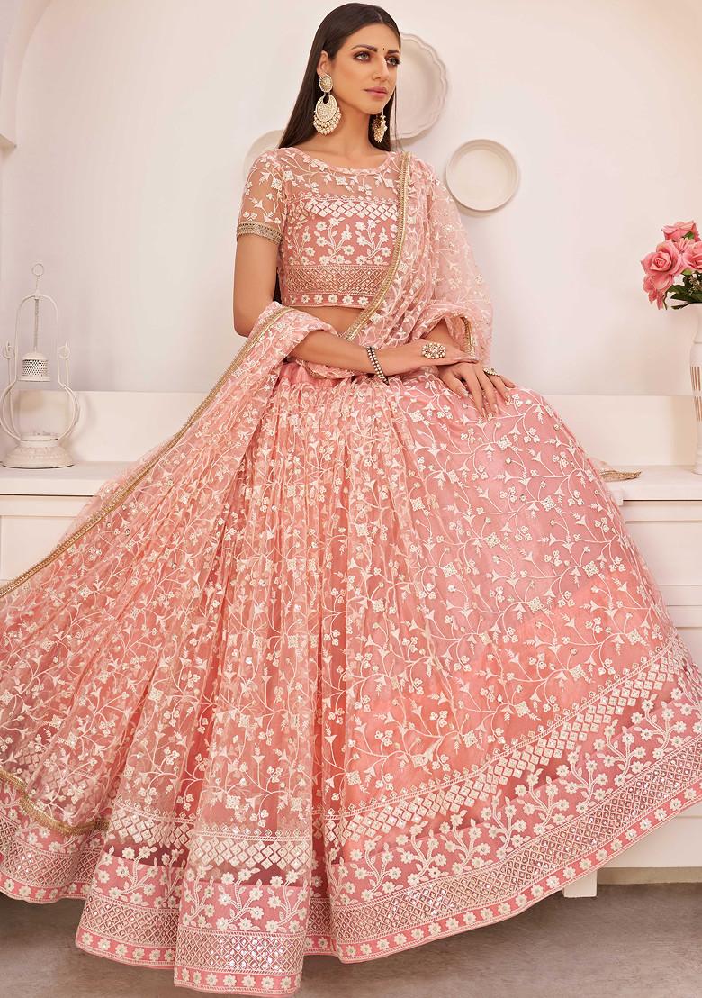 Light Pink Thread Embroidered Net Lehenga