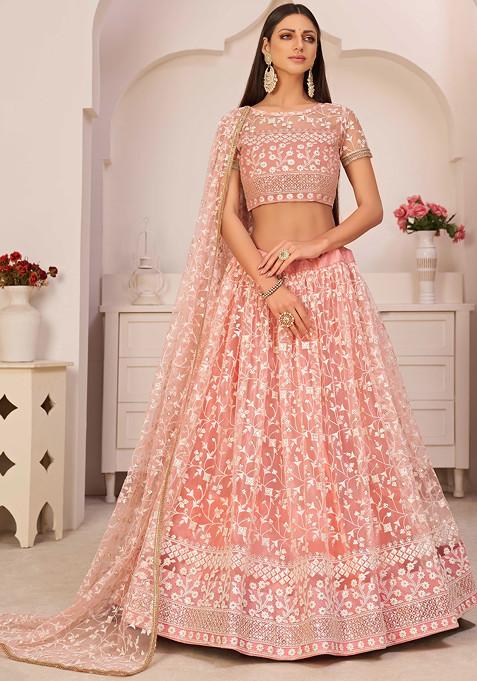 Light Pink Thread Embroidered Net Lehenga