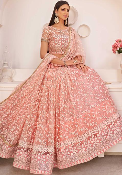 Light Pink Thread Embroidered Net Lehenga