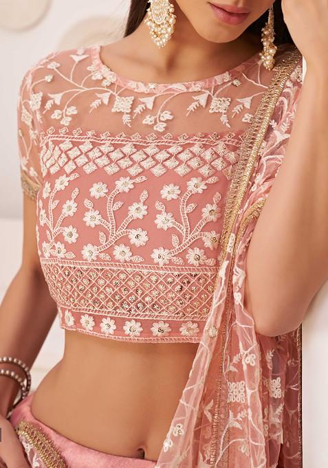 Light Pink Thread Embroidered Net Lehenga