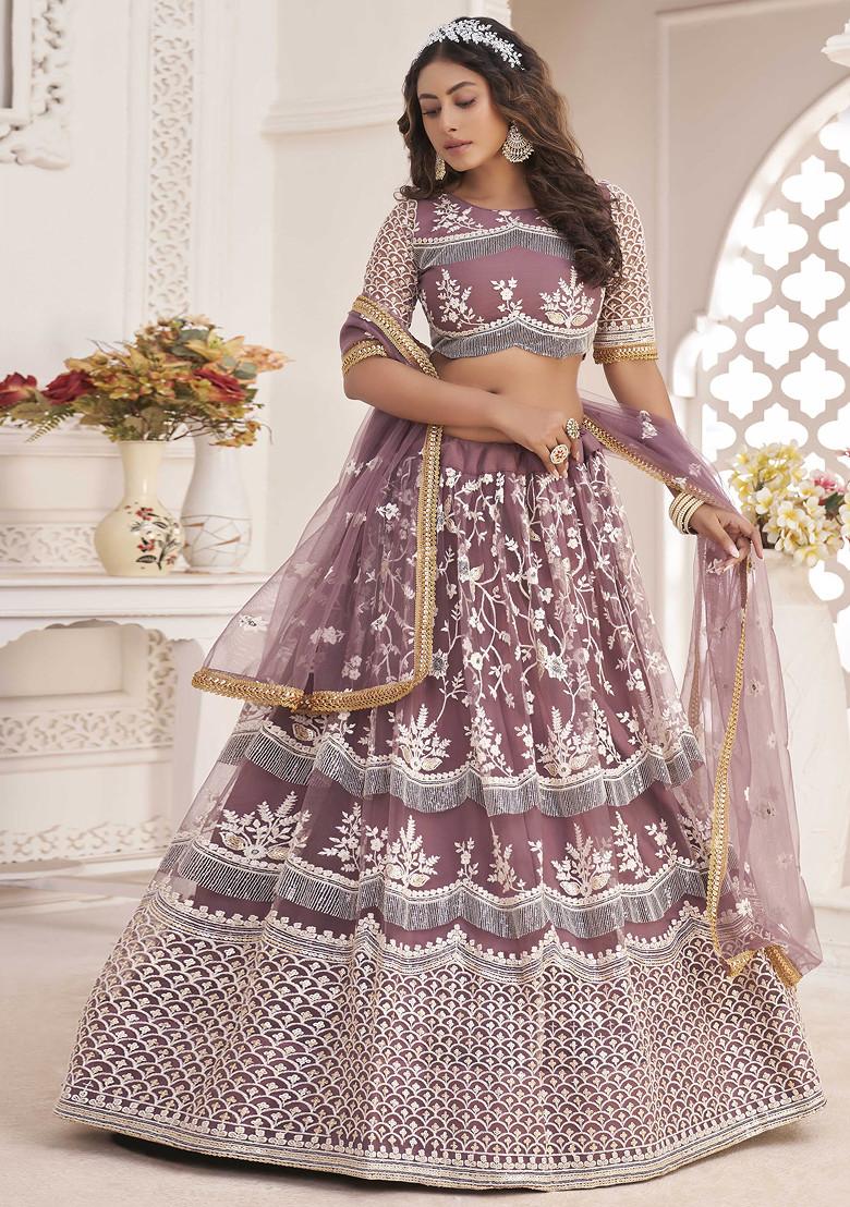 Onion Pink Thread Embroidered Net Lehenga