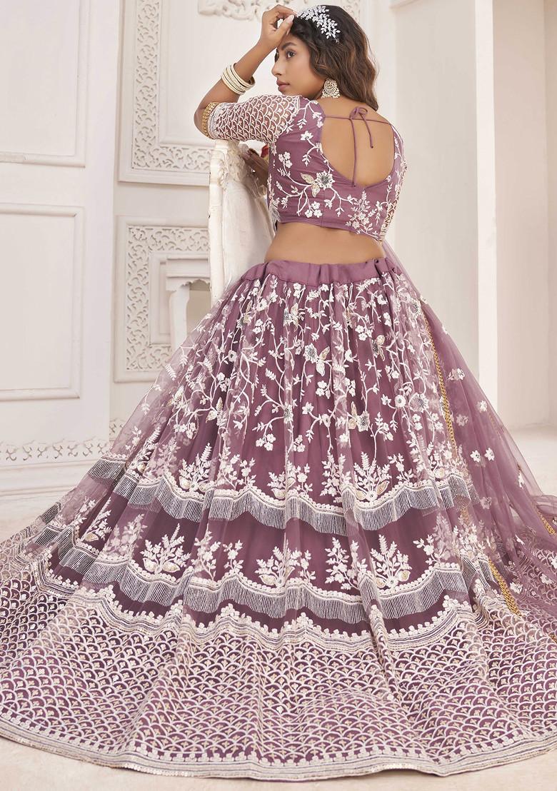 Onion Pink Thread Embroidered Net Lehenga