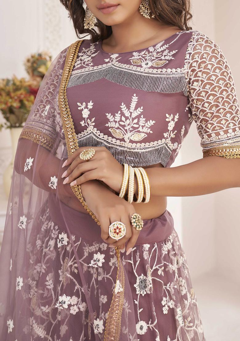 Onion Pink Thread Embroidered Net Lehenga - Indya