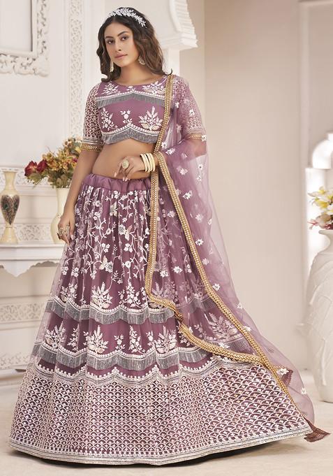 Onion Pink Thread Embroidered Net Lehenga