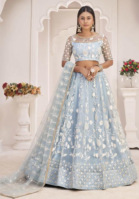 Turquoise Thread Sequin Embroidered Net Lehenga