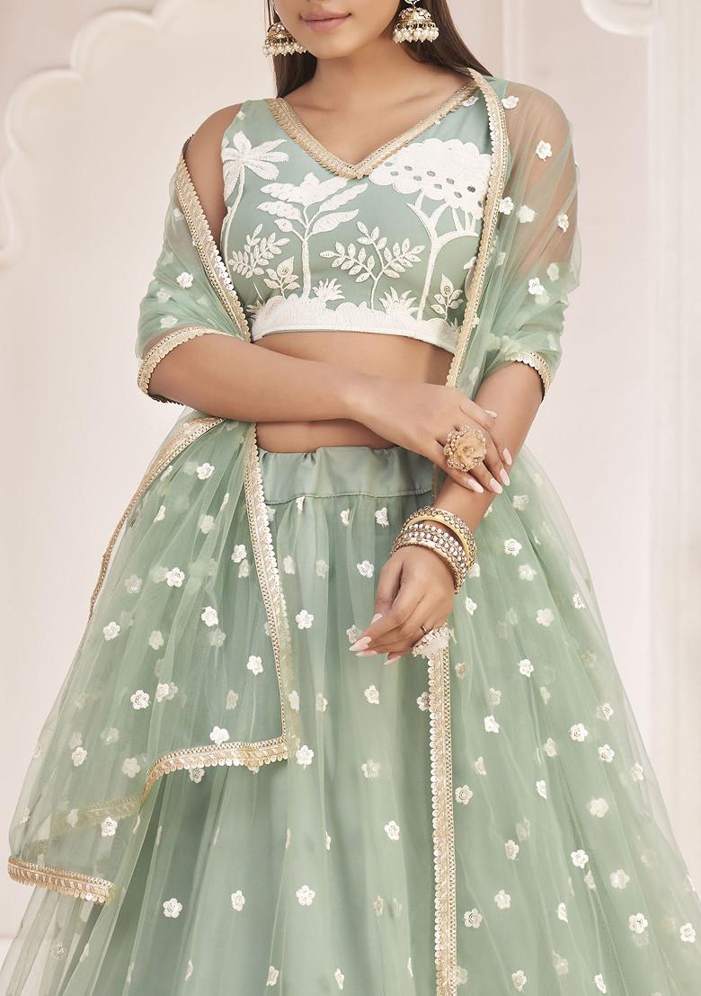 Green Thread Embroidered Net Lehenga