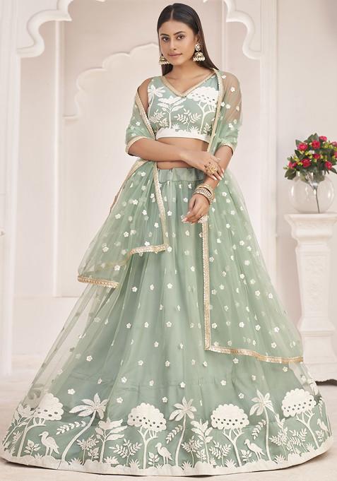 Green Thread Embroidered Net Lehenga