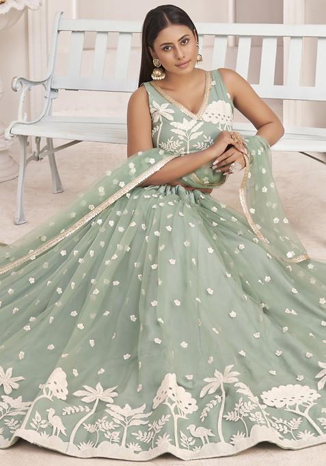 Green Thread Embroidered Net Lehenga