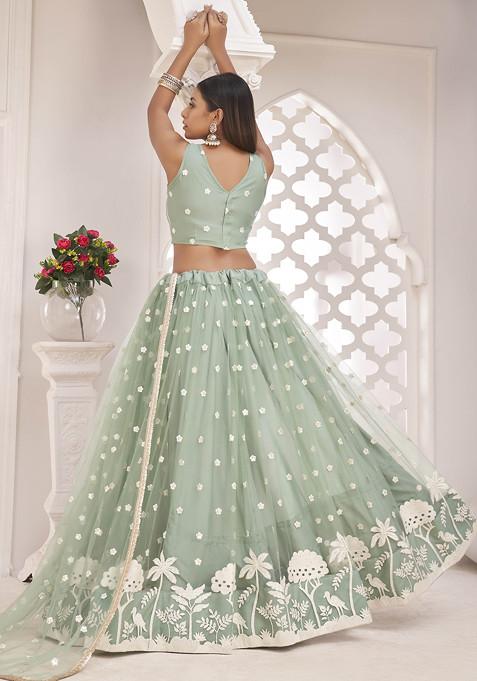 Green Thread Embroidered Net Lehenga