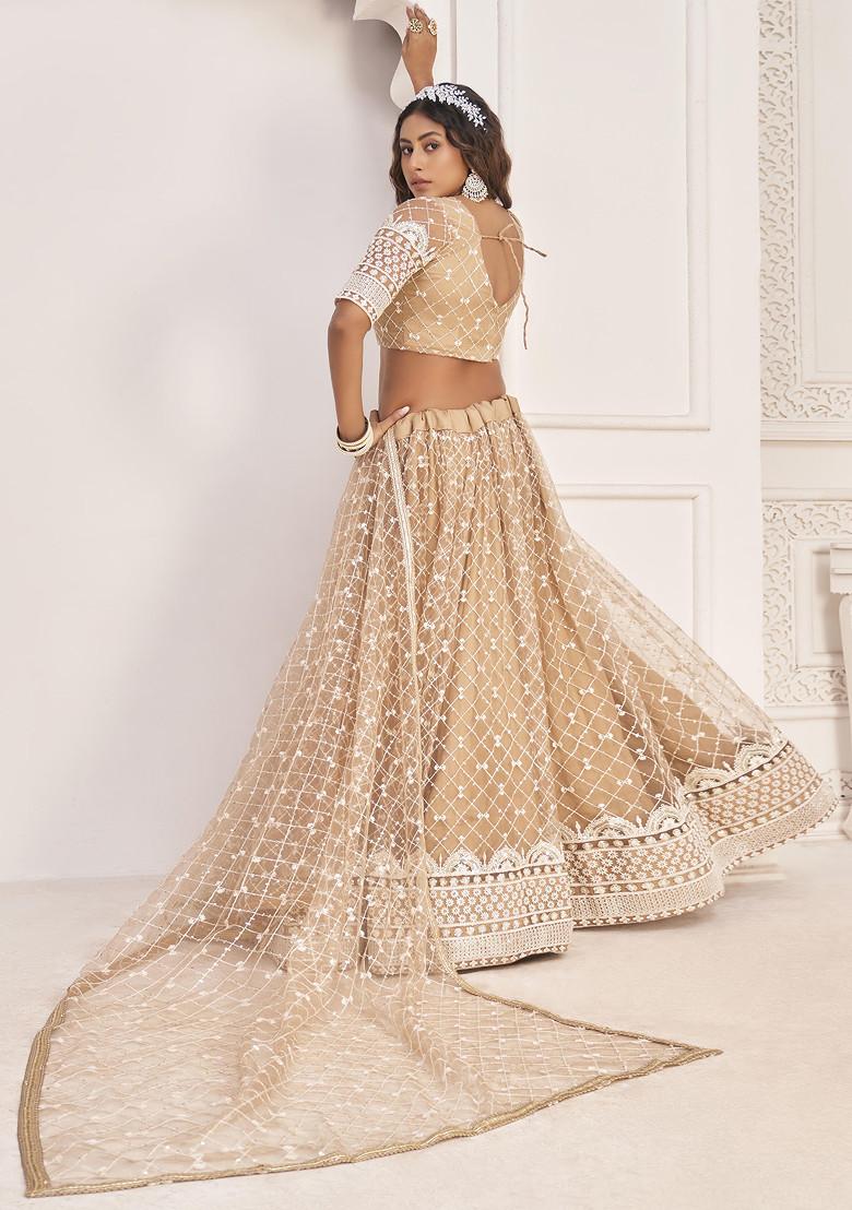 Beige Thread Embroidered Net Lehenga