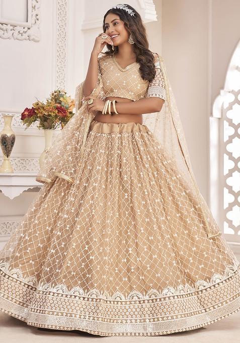 Beige Thread Embroidered Net Lehenga