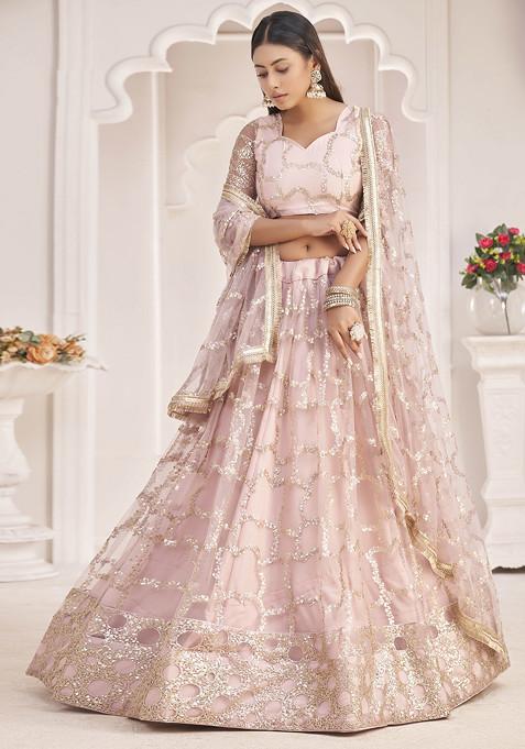 Light Pink Sequin Embroidered Net Lehenga