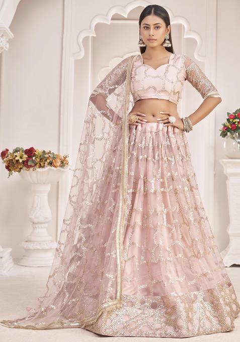Light Pink Sequin Embroidered Net Lehenga