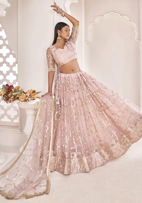 Light Pink Sequin Embroidered Net Lehenga