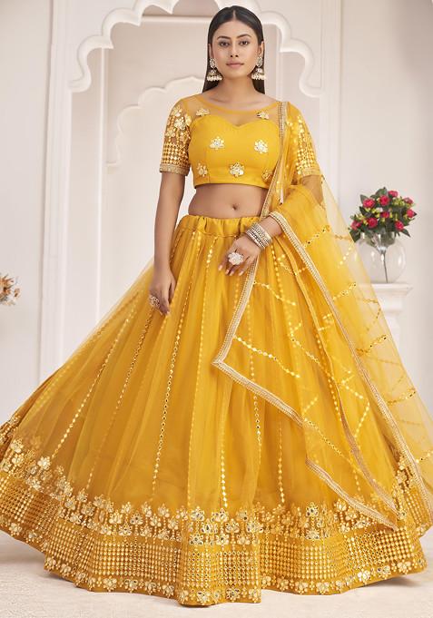 Mustard Thread Embroidered Net Lehenga