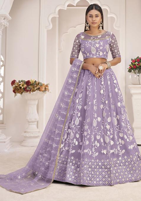 Light Lavender Thread Embroidered Net Lehenga