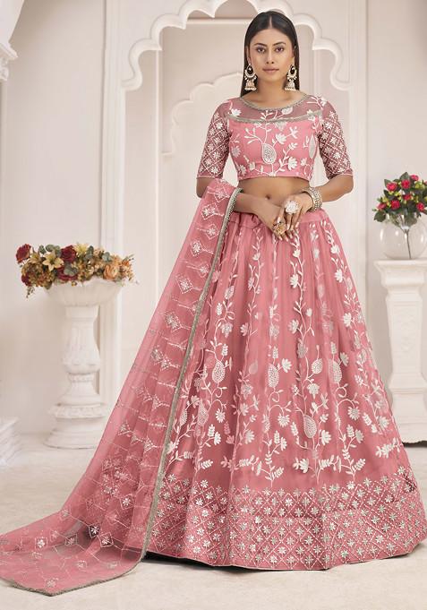 Pink Sequin Thread Embroidered Net Lehenga