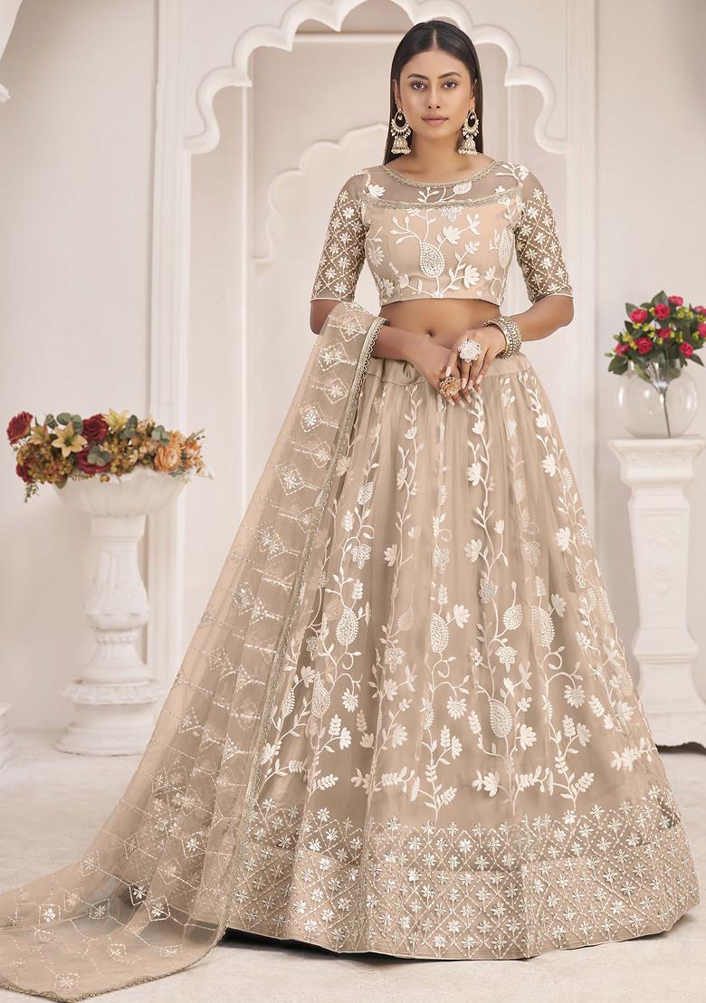 Beige Sequin Thread Embroidered Net Lehenga