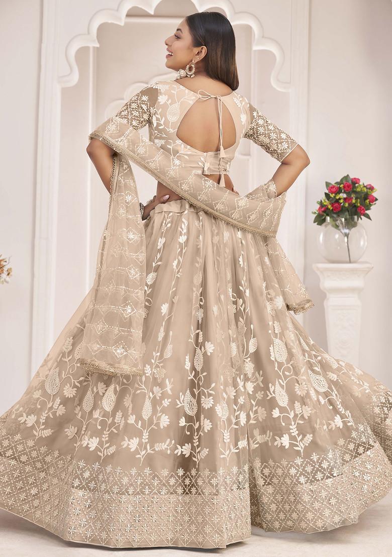 Beige Sequin Thread Embroidered Net Lehenga