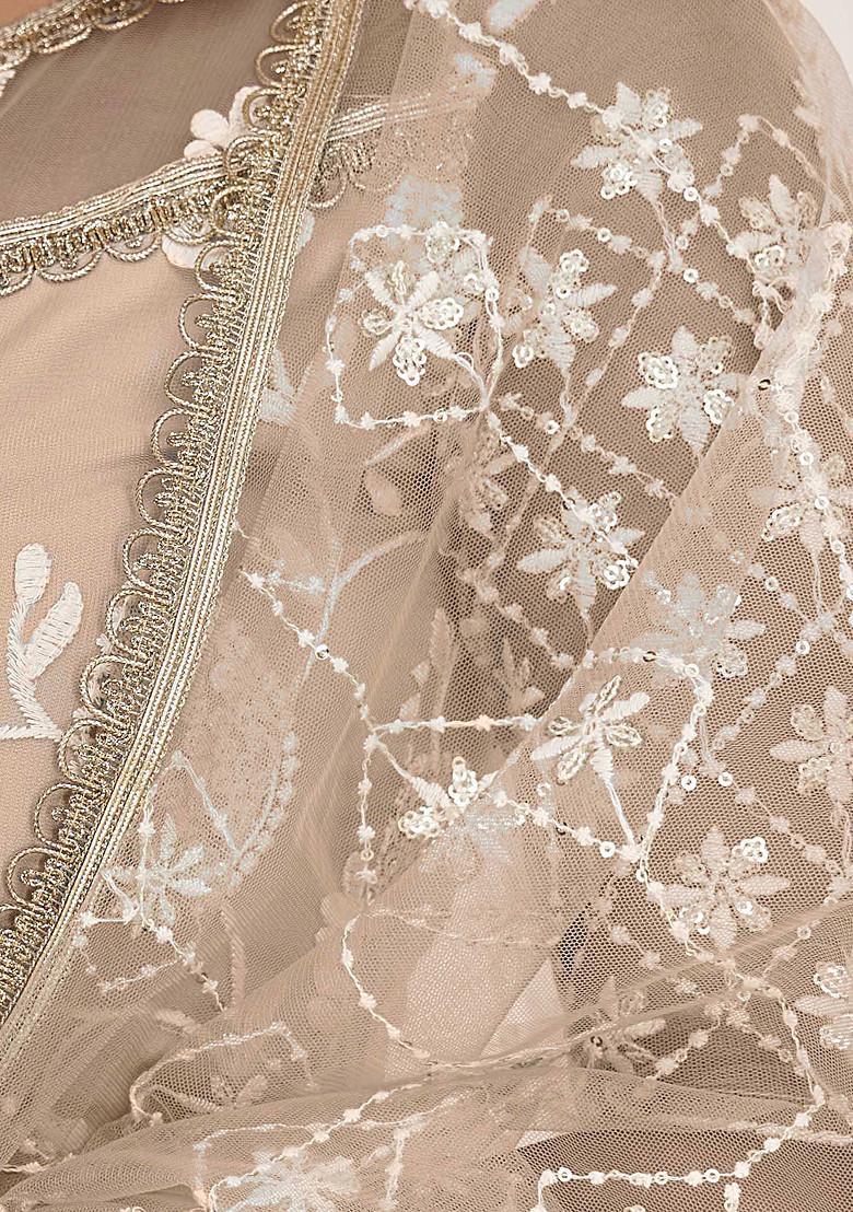 Beige Sequin Thread Embroidered Net Lehenga