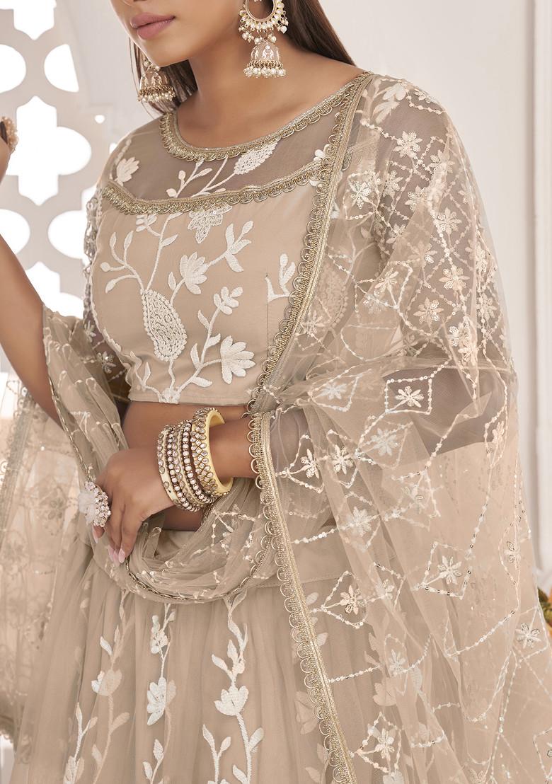 Beige Sequin Thread Embroidered Net Lehenga