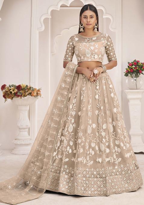 Beige Sequin Thread Embroidered Net Lehenga