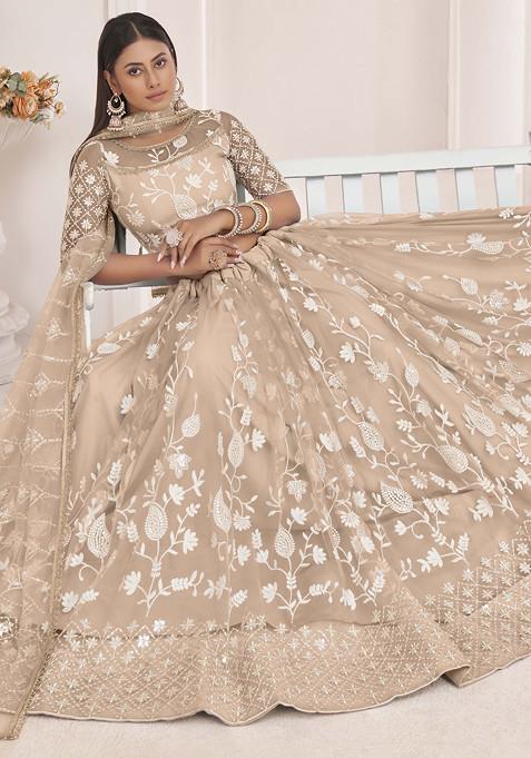 Beige Sequin Thread Embroidered Net Lehenga