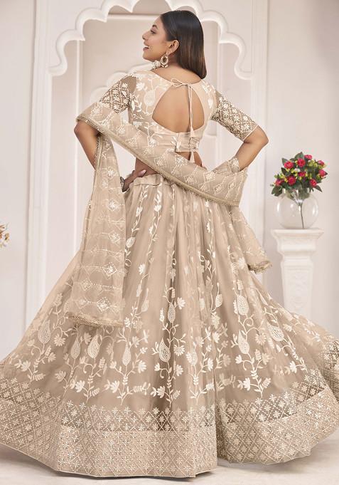 Beige Sequin Thread Embroidered Net Lehenga