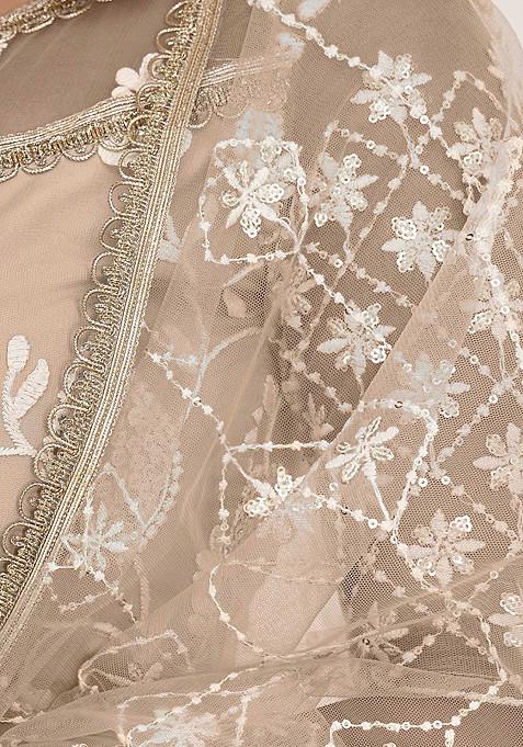 Beige Sequin Thread Embroidered Net Lehenga