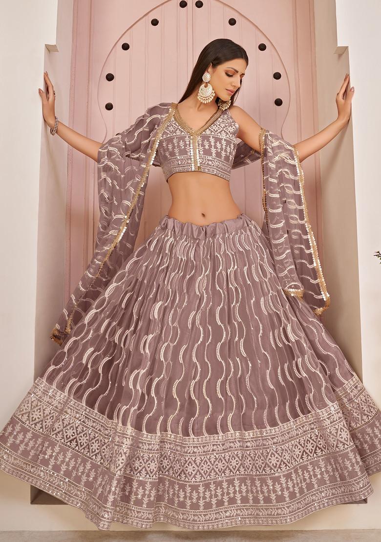 Pink Thread Sequin Embroidered Net Lehenga
